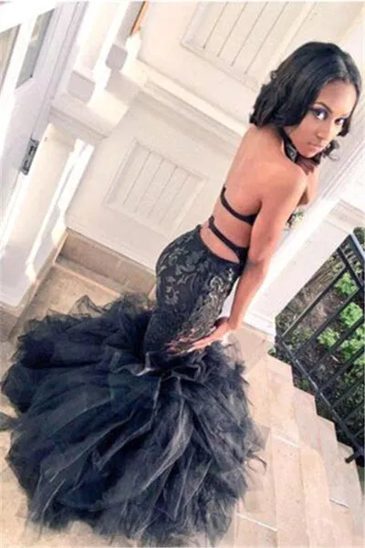 HOT BLACK TRUMPET LACE TULLE BACKLESS RUFFLES PROM PARTY GOWNS SA113