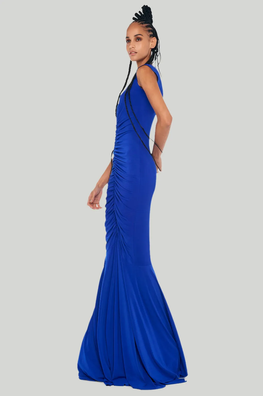 Norma Kamali - Deep V Neck Shirred Fishtail Gown in Electric Blue