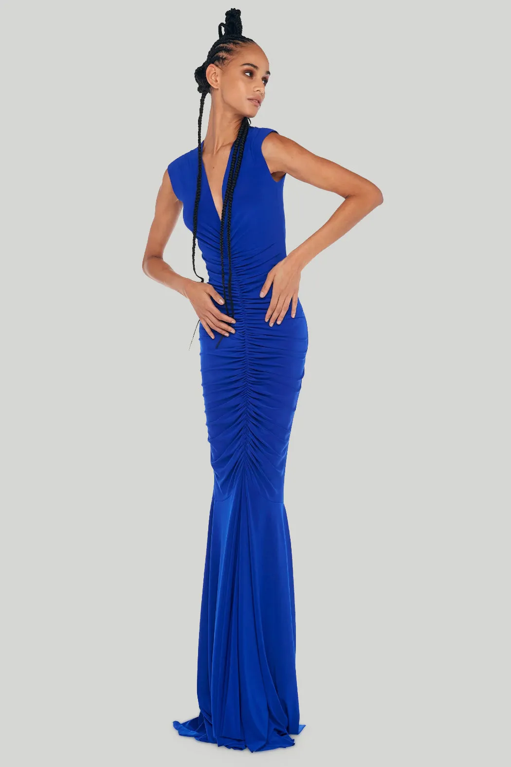 Norma Kamali - Deep V Neck Shirred Fishtail Gown in Electric Blue