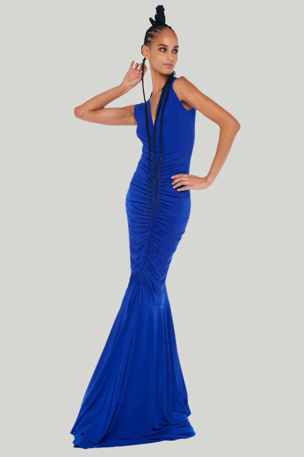 Norma Kamali - Deep V Neck Shirred Fishtail Gown in Electric Blue