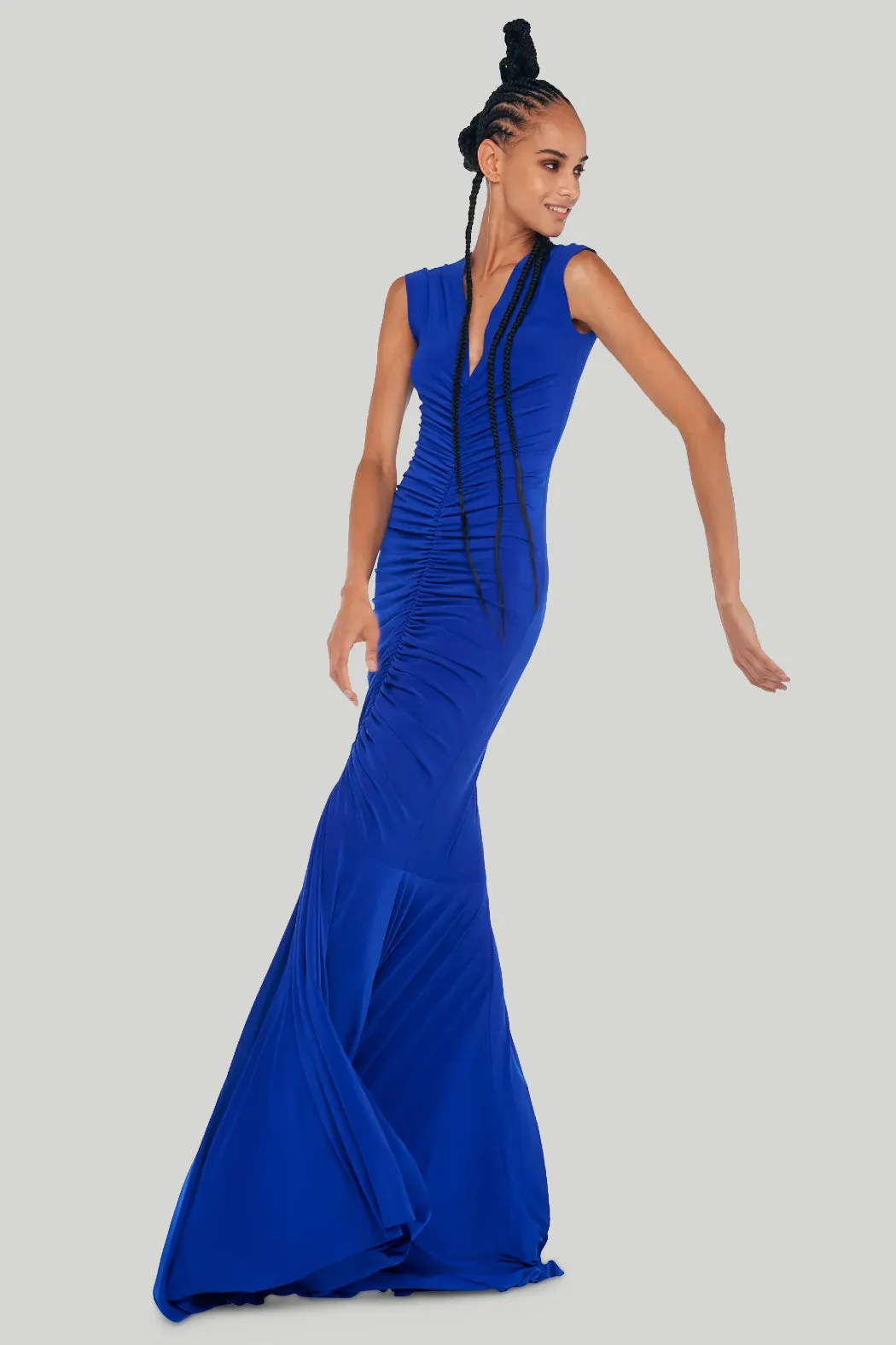 Norma Kamali - Deep V Neck Shirred Fishtail Gown in Electric Blue