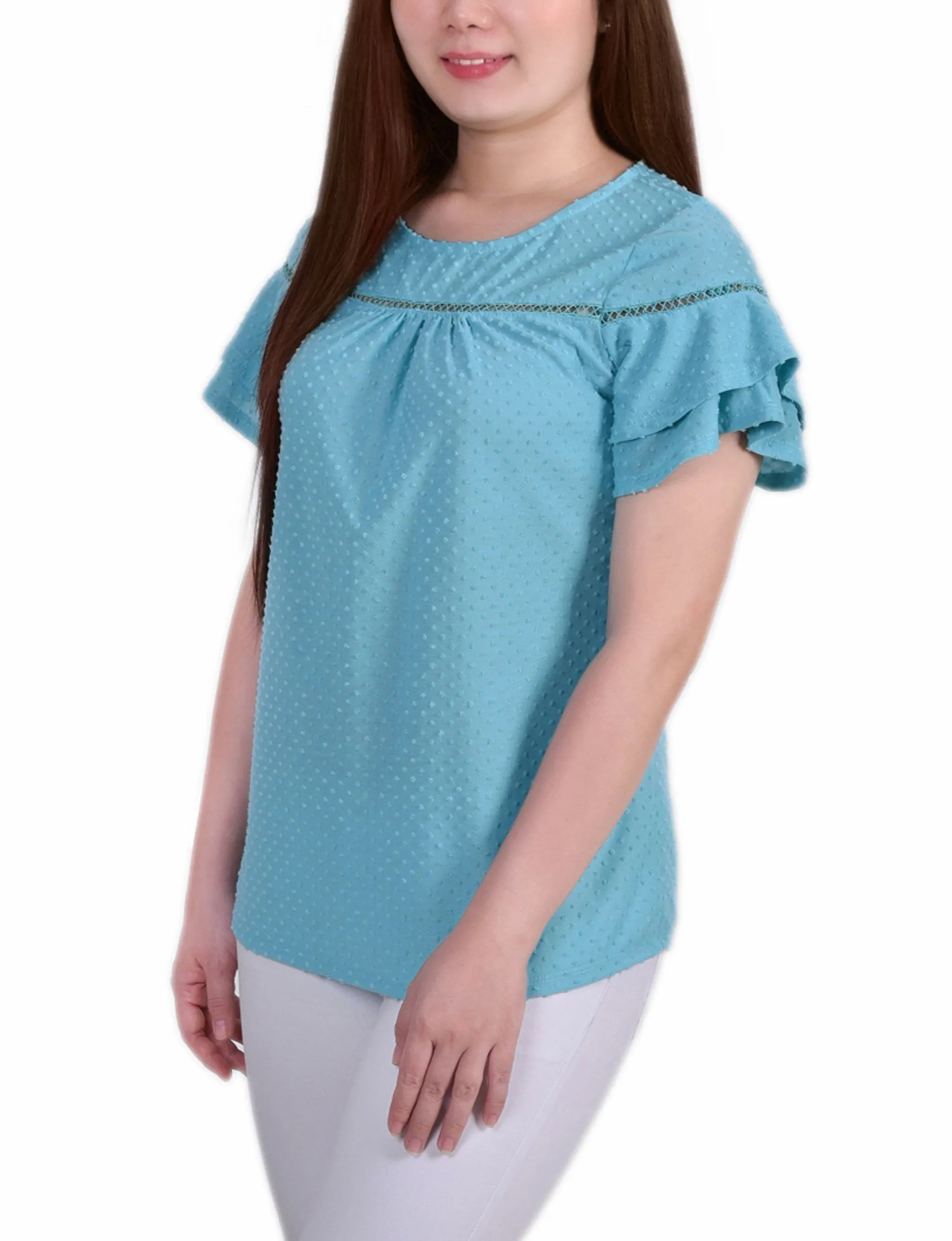 Petite Double Bell Sleeve Swiss Dot Top