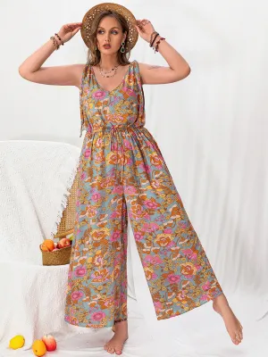 Plus Size Printed Wide Leg Sleeveless Jumpsuit