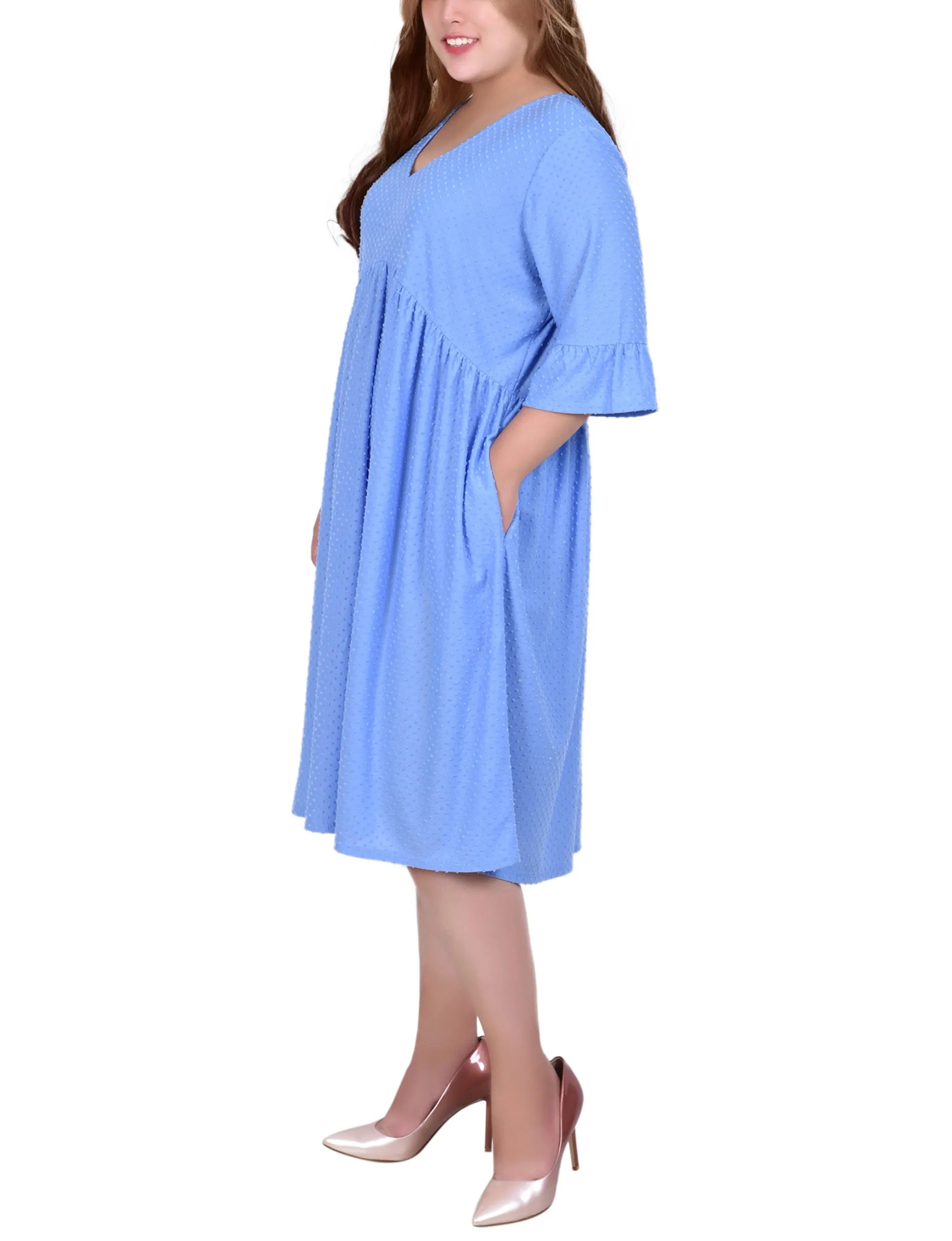 Plus Size Short Bell Sleeve Swiss Dot Dress