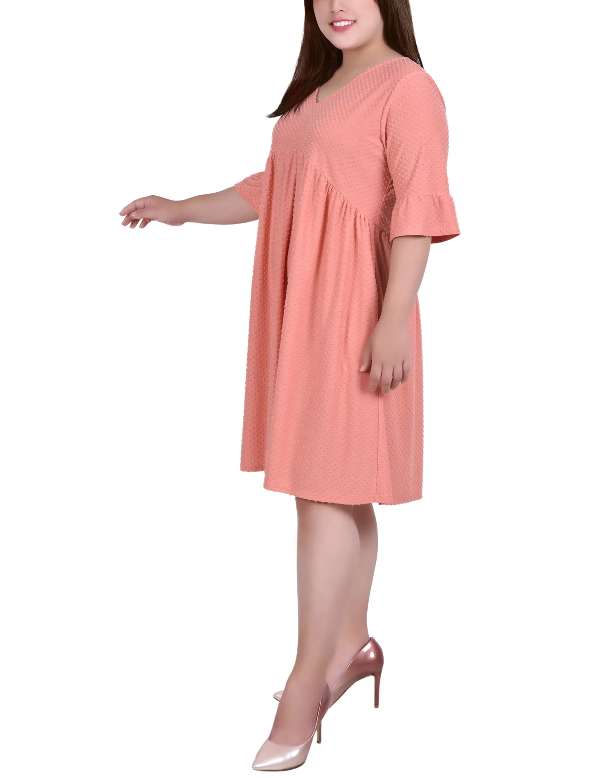 Plus Size Short Bell Sleeve Swiss Dot Dress