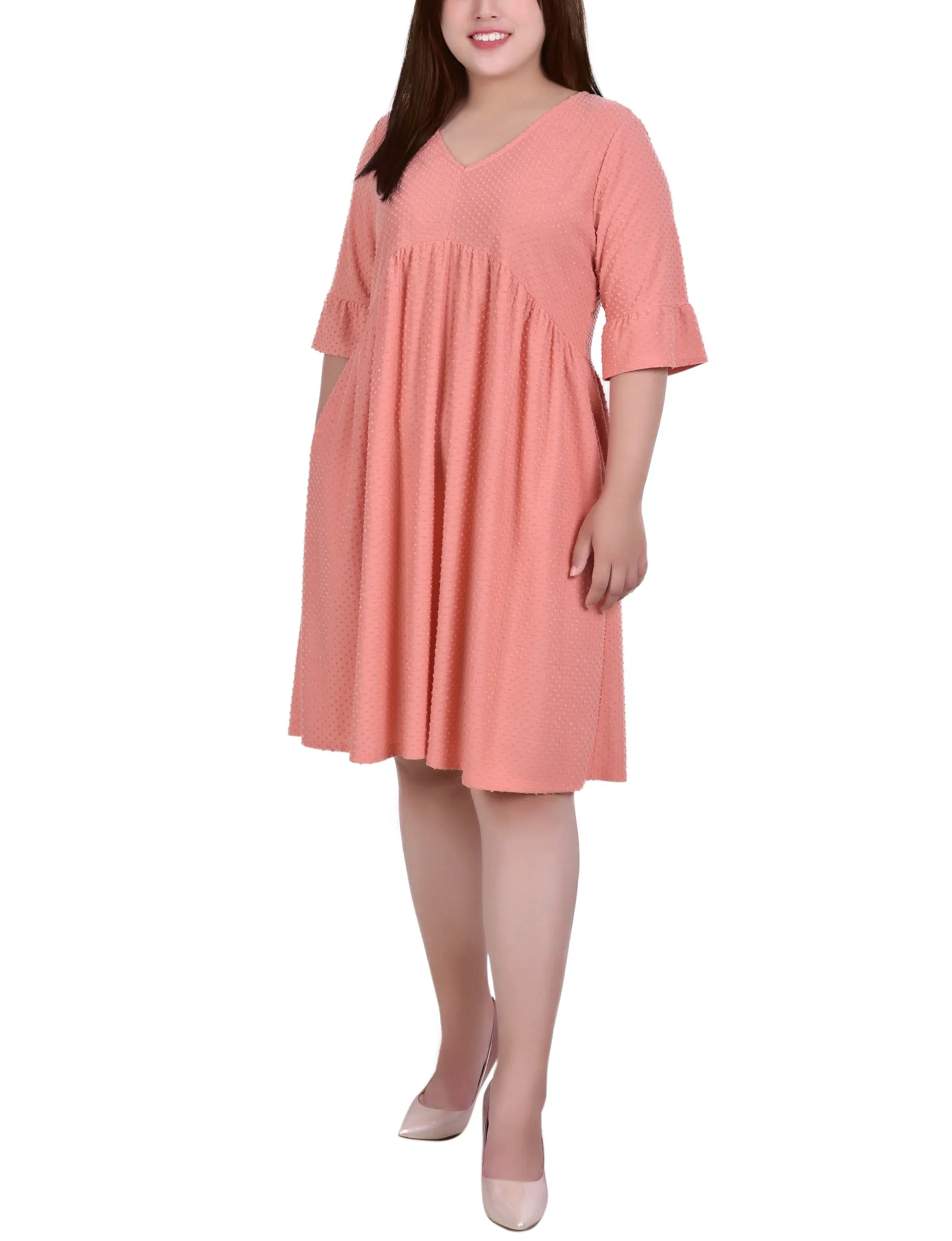 Plus Size Short Bell Sleeve Swiss Dot Dress