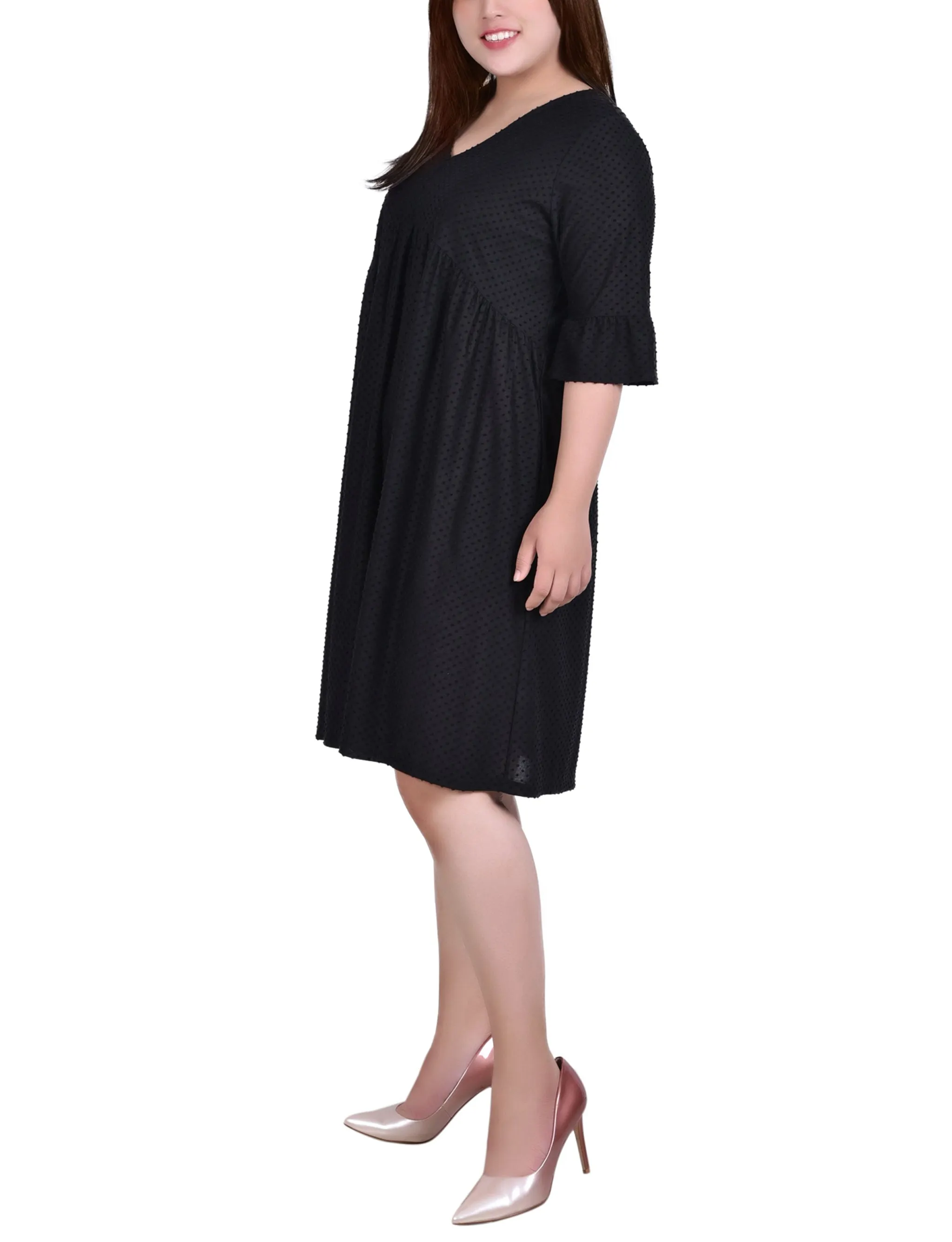 Plus Size Short Bell Sleeve Swiss Dot Dress