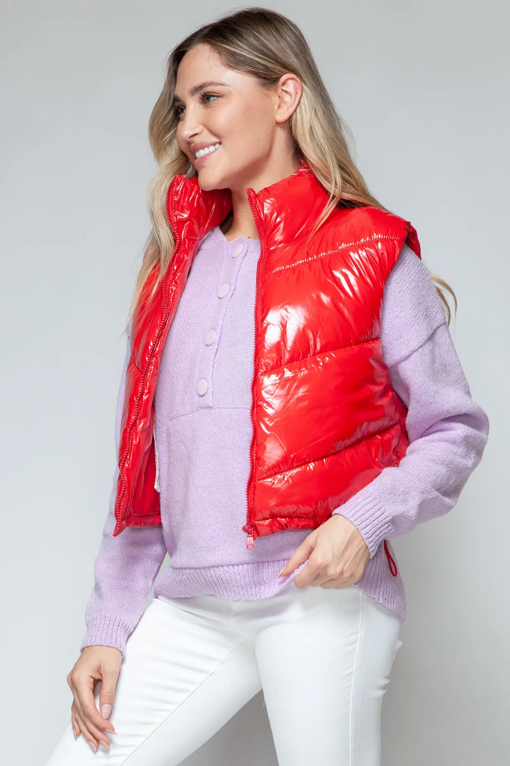 Red Shiny Sleeveless Jacket Women's Fashion Zip Up Turtleneck Shiny Quilted Vest