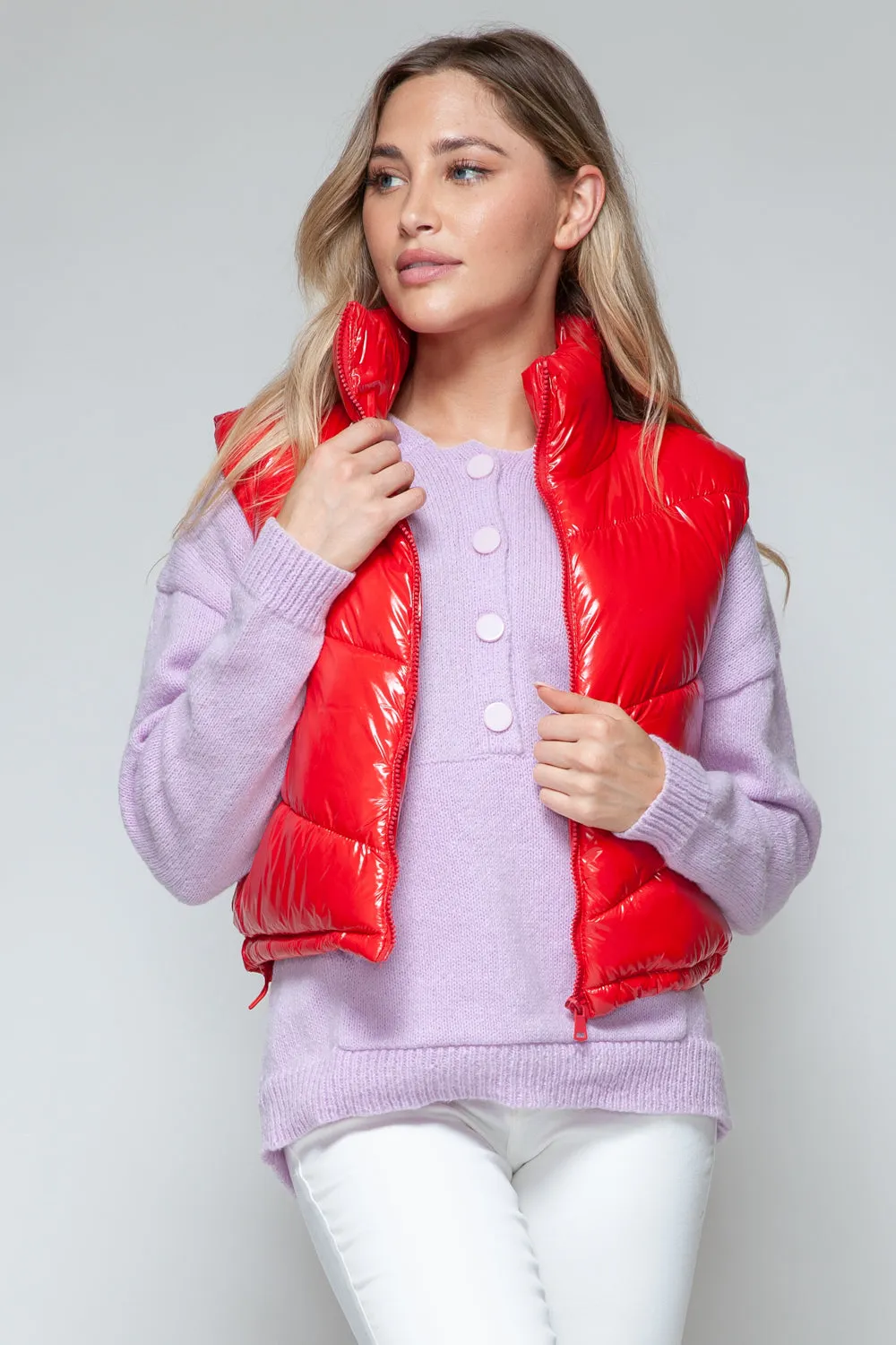 Red Shiny Sleeveless Jacket Women's Fashion Zip Up Turtleneck Shiny Quilted Vest