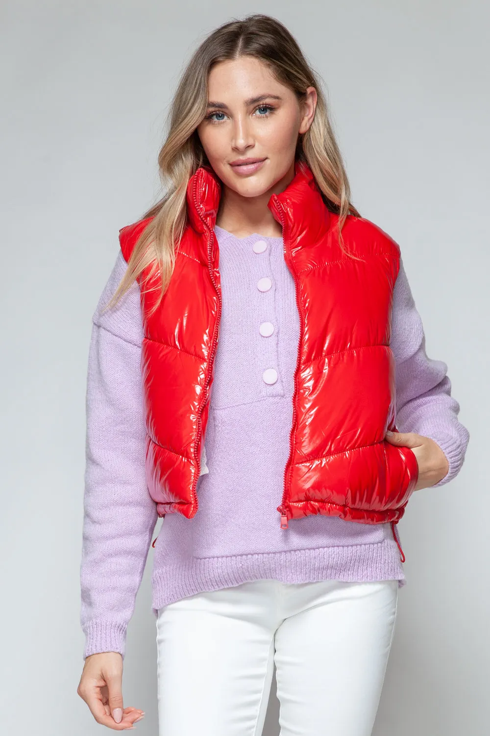 Red Shiny Sleeveless Jacket Women's Fashion Zip Up Turtleneck Shiny Quilted Vest