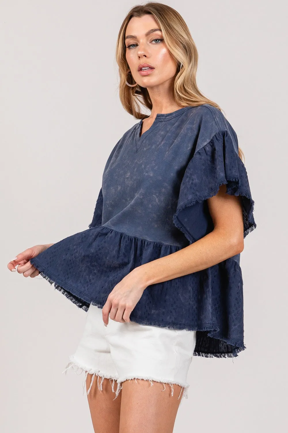 SAGE   FIG Ruffle Sleeve Washed Short Sleeve Blouse