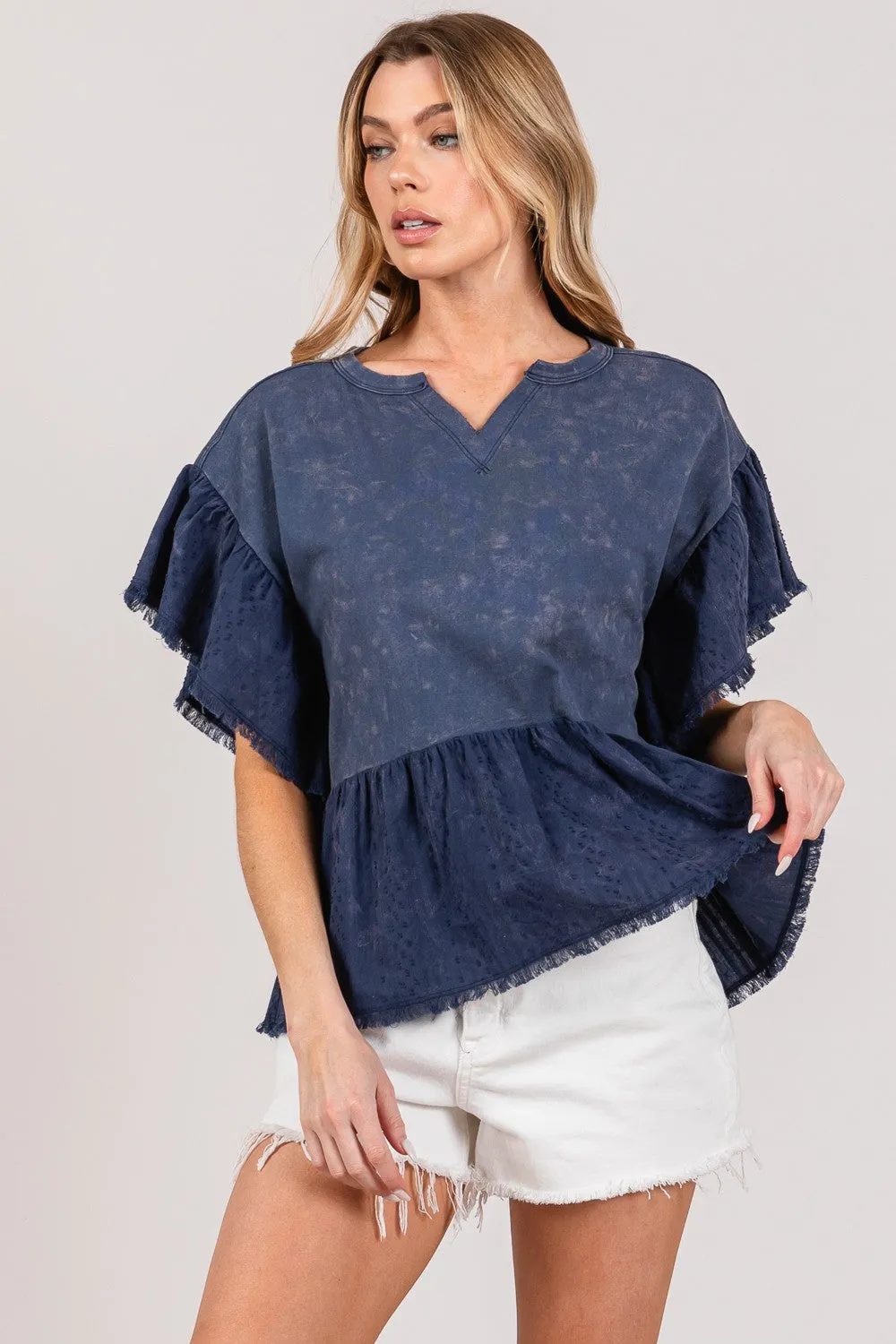 SAGE   FIG Ruffle Sleeve Washed Short Sleeve Blouse