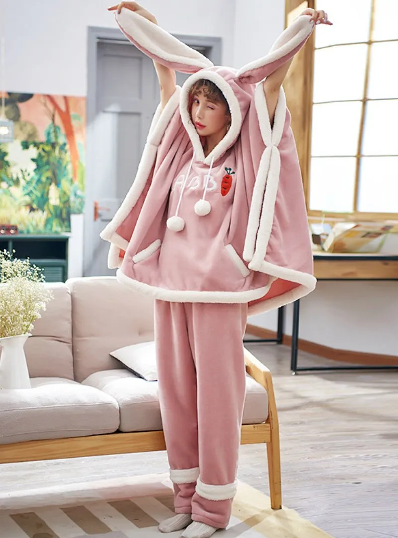 THICK WARM CORAL FLEECE BAT SLEEVES RABBIT EARS LIGHT PINK SUIT