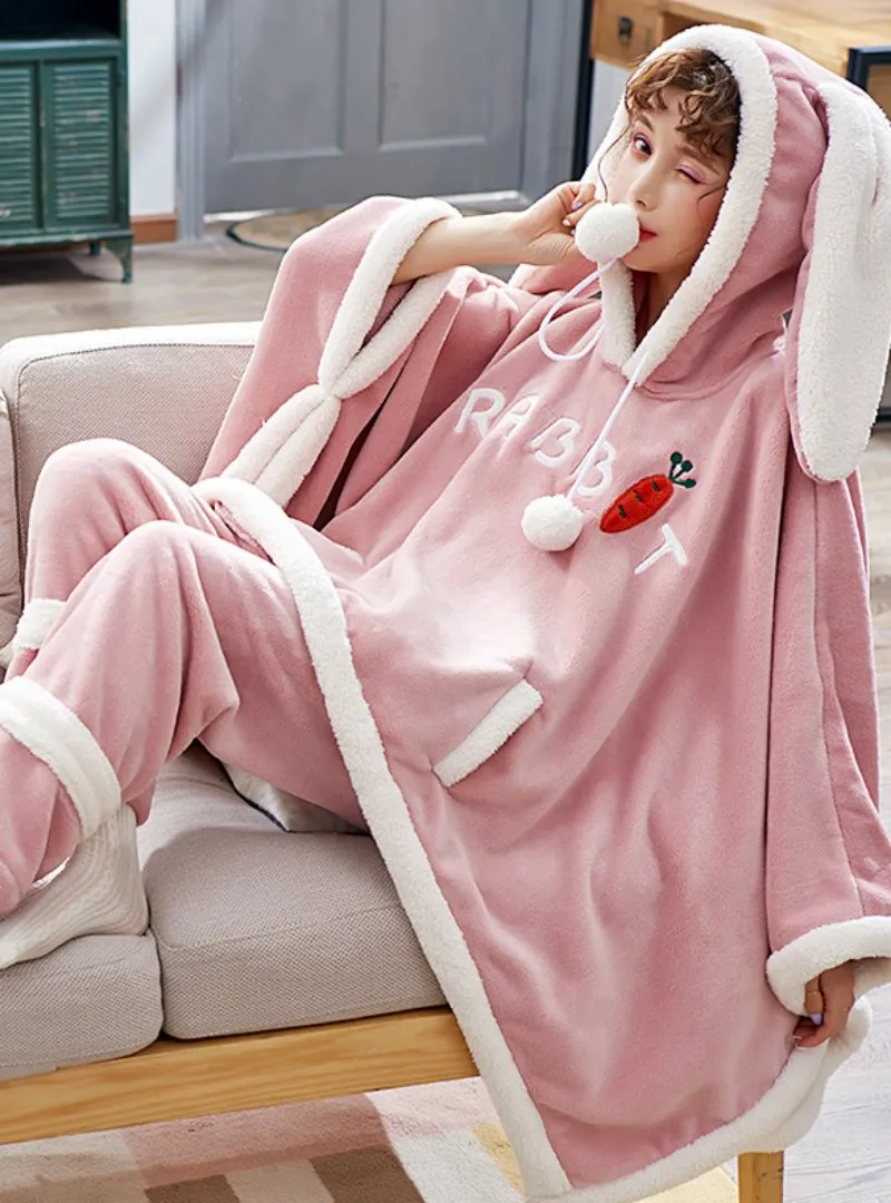 THICK WARM CORAL FLEECE BAT SLEEVES RABBIT EARS LIGHT PINK SUIT