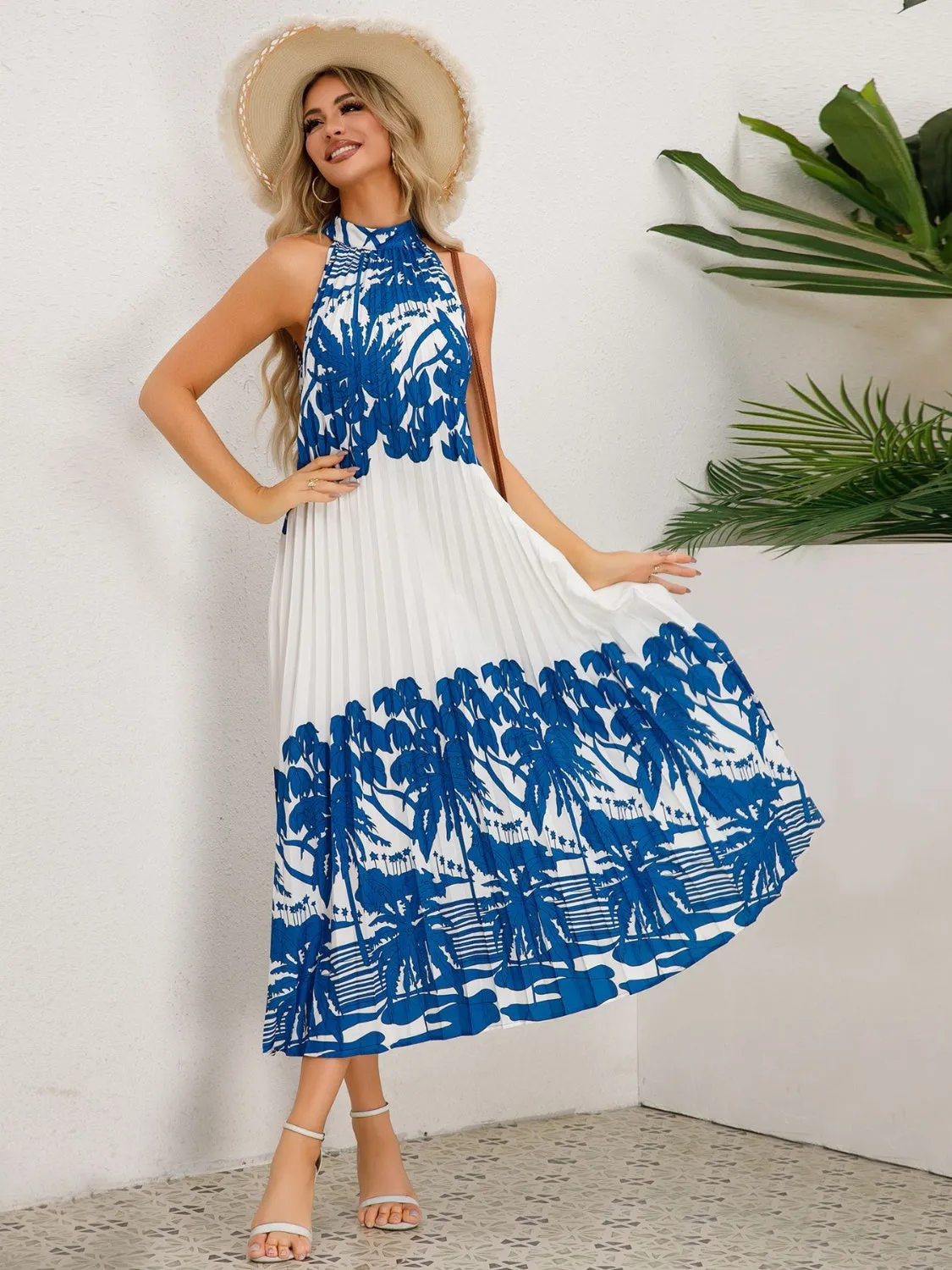 Tied Printed Sleeveless Midi Dress