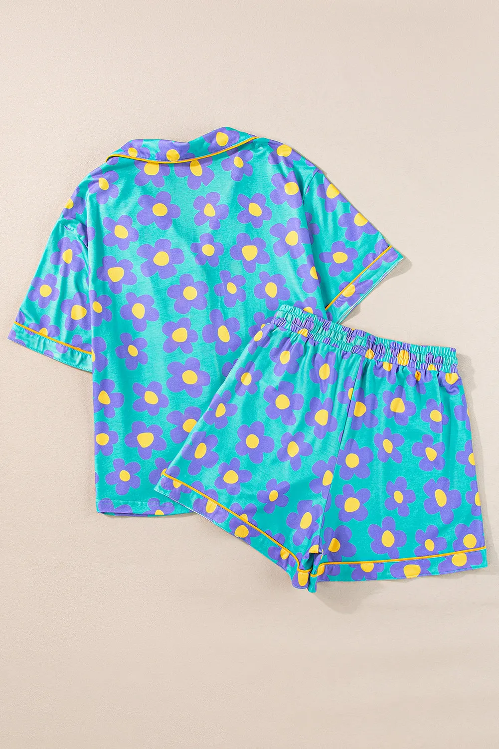 Turquoise Daisy Flower Short Set Pajamas