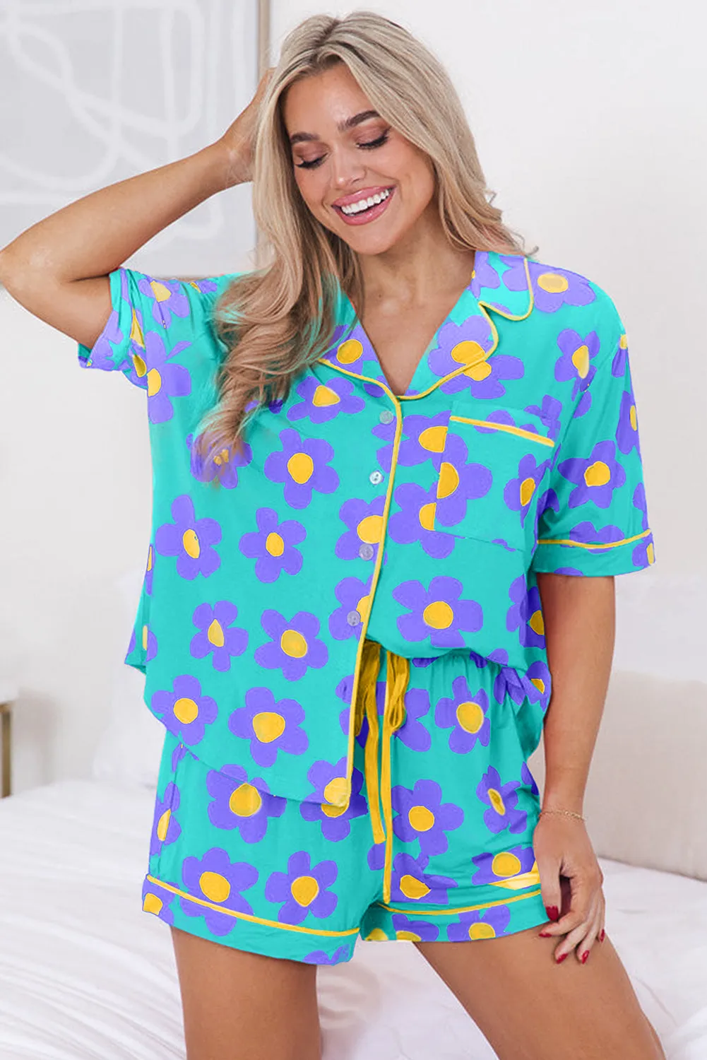 Turquoise Daisy Flower Short Set Pajamas