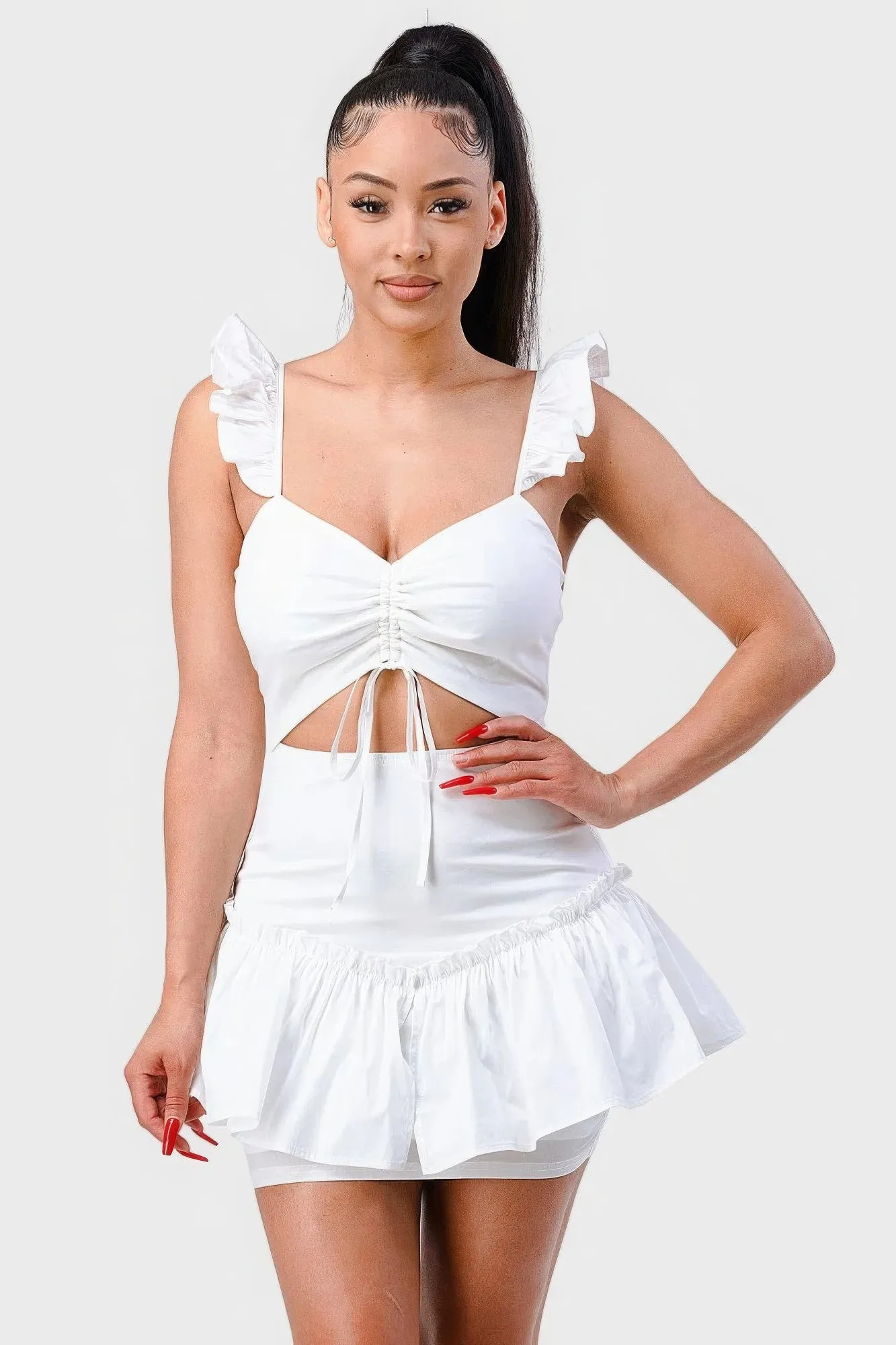 White Sweetheart Short Sleeve Dress Womens Fashion With Drawstring Bow Cutout Ruffled Flutter Sleeves Mini Dress