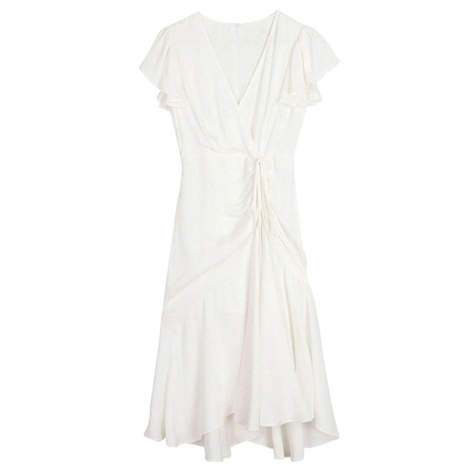 White V-Neck Cap Sleeve Ruffle Dress