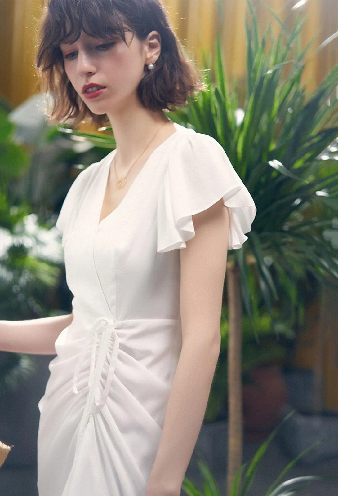 White V-Neck Cap Sleeve Ruffle Dress