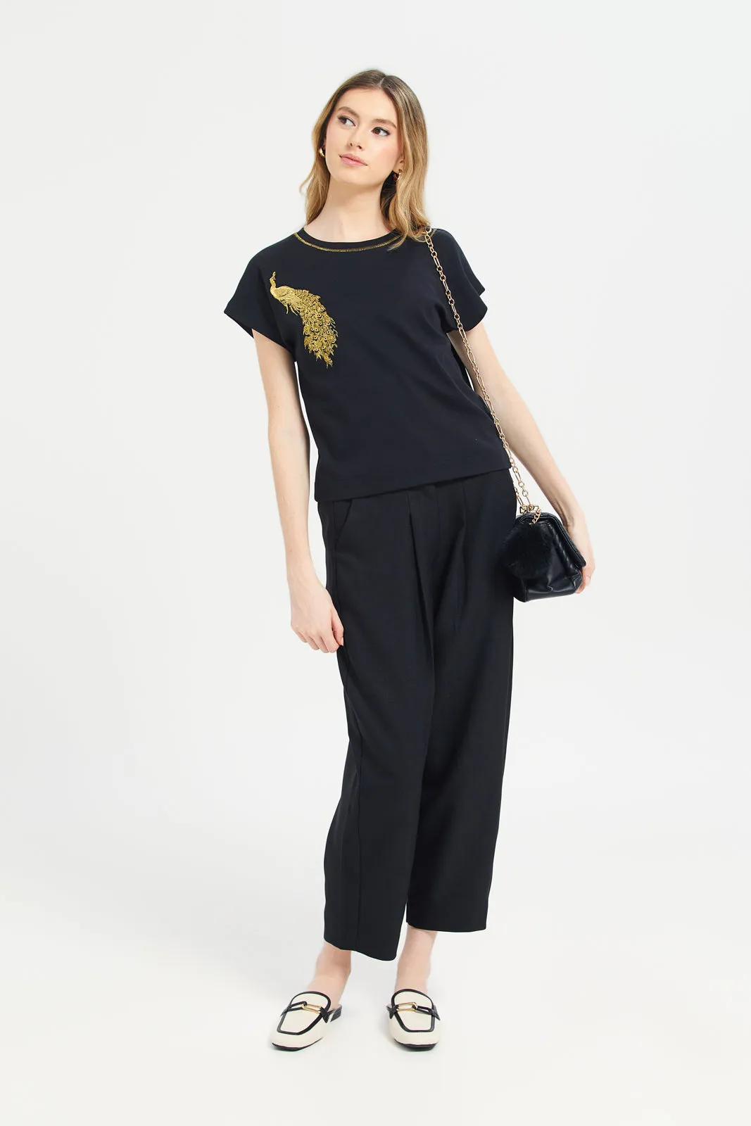 Women Black Embroidered T-Shirt