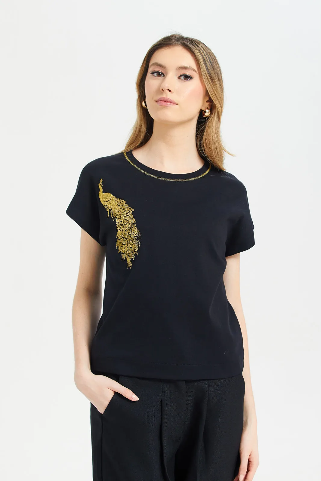 Women Black Embroidered T-Shirt