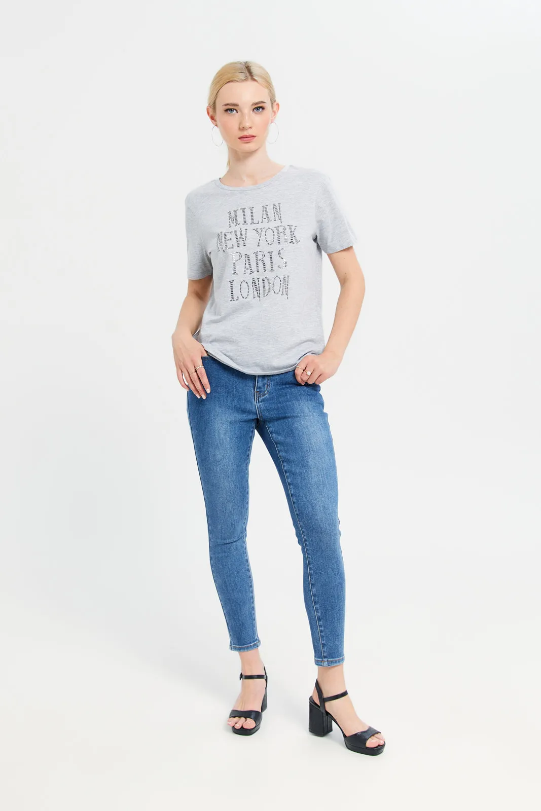 Women Grey Embellished T-Shirt