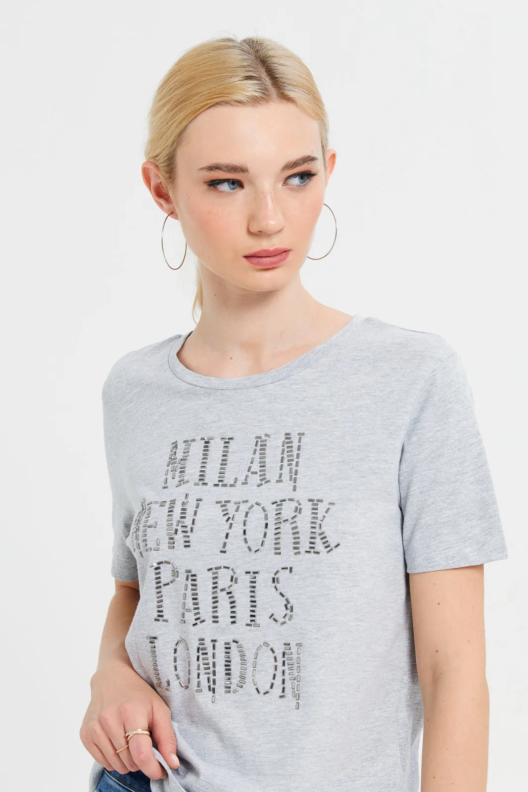 Women Grey Embellished T-Shirt