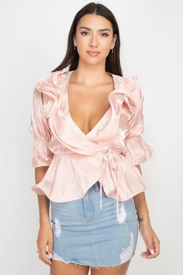 Women's Surplice Short Sleeve Ruffle Top